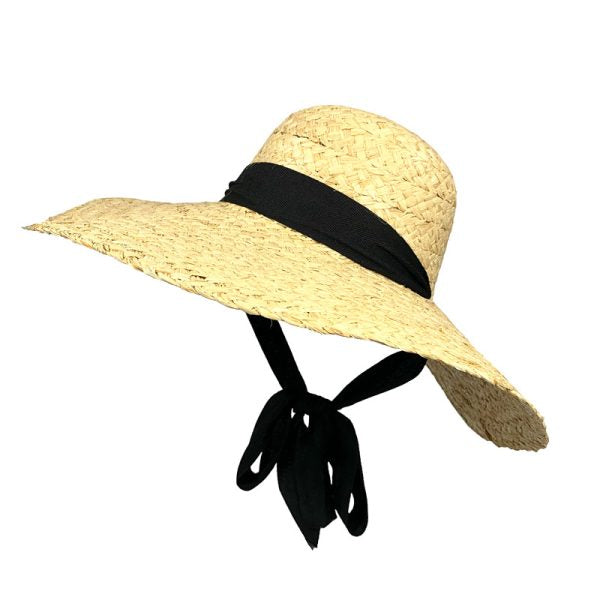 Wide Brim Raffia Hat with Chin Strap